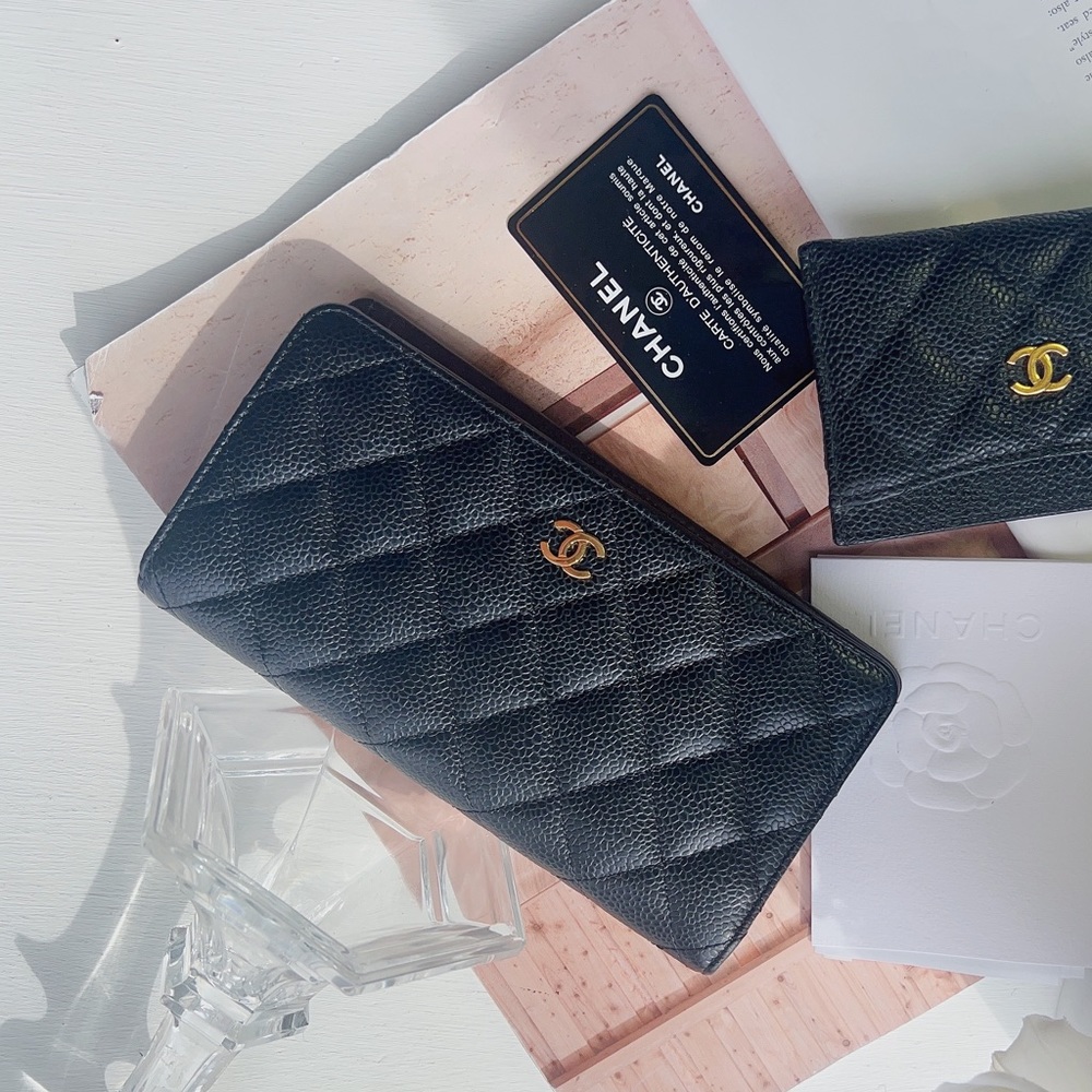 Chanel caviar long wallet black gold